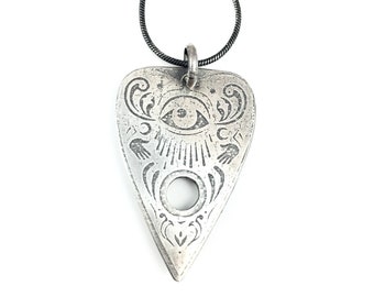 Sterling silver planchette pendant, etched silver spirit board pendant, Halloween pendant