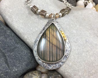 Labradorite pendant, peach striped labradorite set in silver with gold accent, textured silver, teardrop labradorite, handmade pendant