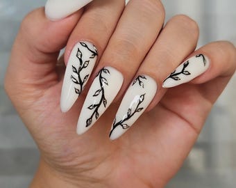 Handmade Press on Nails, Milky White with Silver and Black Leaves, Handpainted Nail Art, Elegant Design, Custom Fake Nails, Gift I029