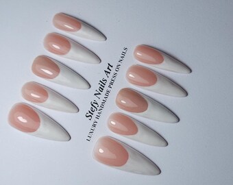 Handmade White French Tip Press On Nails, Fake Nails, Elegant Almond Nail Set for Birthday, Event Party, Holiday Vacation or Gift  I049