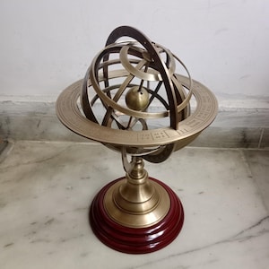 10&quot; Nautical Brass Sphere Engraved Armillary Antique Vintage Globe Celestial Zodiac Globe on Wooden Base Desk Decor Gift