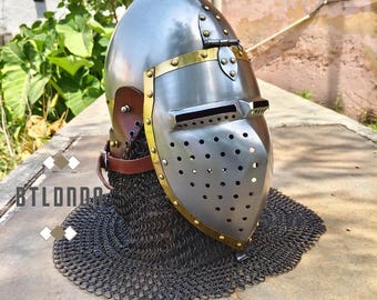 Hand-Forged Mild Steel Knight's Bascinet Helmet with Chainmail Aventail and Visor