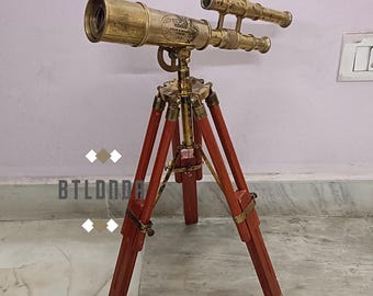 Vintage Brass & Wood Telescope with Stand | Decorative Nautical Spyglass for Home, Office, and Collectors