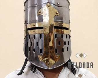 Wearable Steel Crusader Helmet: Templar Knight Helm with Brass Accents (Cosplay Armor)