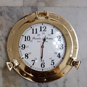 Vintage Nautical Brass Finish Porthole Wall Clock | Maritime Decor | Franklin & Murphy Ship Clock | Steampunk Art | 24-Hour Retro Timepiece