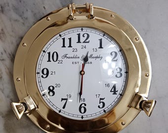 Vintage Nautical 12" Brass Finish Porthole Wall Clock Maritime Decor Steampunk 24-Hour Retro Timepiece