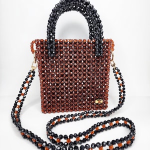 Totte Beaded Bag, Handmade Brown Purse, Structured Top Handle Bag, Elegant Gift