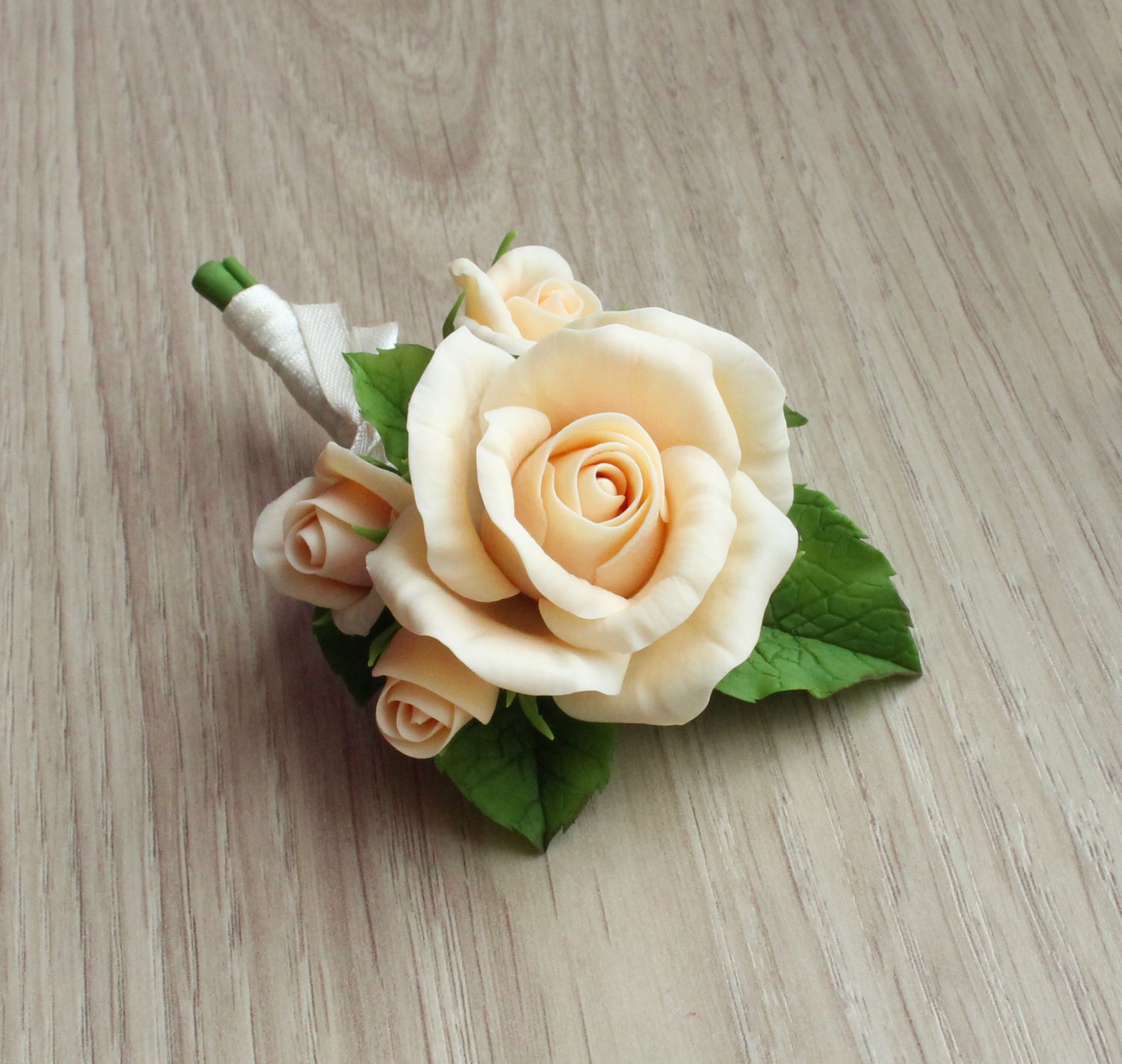 Buttonhole With Ivory Roses Rose Boutonniere Polymer Clay Etsy