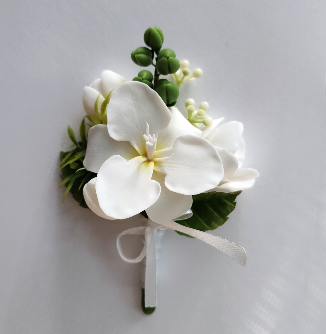 Buttonhole With Freesia, Boutonniere, Wedding Accessories, Polymer Clay