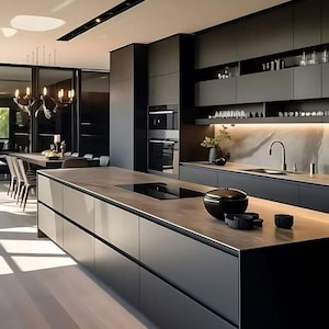 May include: Modern kitchen design featuring dark gray cabinetry and a large island with a cooktop. The kitchen includes built-in appliances, a sink, and a dining area with a chandelier. The overall aesthetic is sleek and contemporary, with a focus on minimalist design.