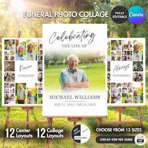 Funeral Photo Collage Canva Template, Memorial Poster Set, Funeral Welcome Sign Bundle, Celebration of Life, Editable, Instant Download