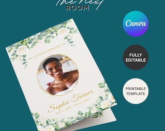 Floral Funeral Program Template, Elegant Obituary (Canva, 3 sizes)
