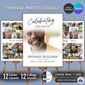 Celebration of Life Photo Welcome Sign Bundle, Funeral Photo Collage Canva Template, Editable Memorial Easel Sign, 13 sizes, Black and White