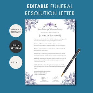 Funeral Resolution Letter Template, Memorial Resolution, Minimalist Tribute of Honor and Remembrance, Funeral Card, Editable Canva Template