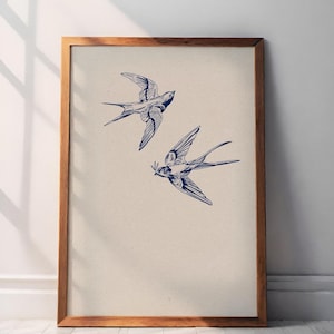 Blue Swallow Birds Art Print: Minimalist Nature Linoprint