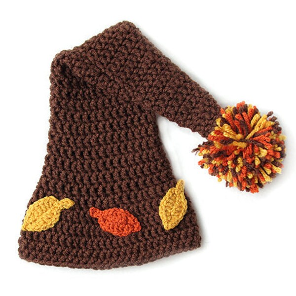 Brown Fall or Autumn Elf Pixie Crochet Hat with Orange and Gold Leaves - Choose Size