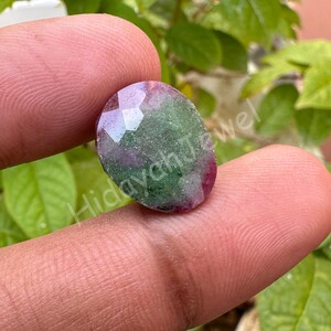 May include: A faceted, oval-shaped gemstone with a mix of colors. The gem features a translucent, light purple and green color with a polished surface. The gem is held between two fingers, with green foliage in the background. The text "Hidayah Jewel" is visible.