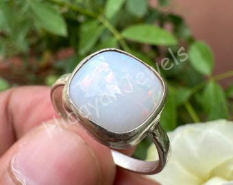 12x11 mm Natural White Opal Ring – Artisan Handmade Ring – Rainbow Glow Gemstone – October Birthstone Gift