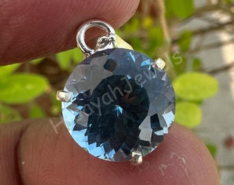12 Ct Natural Aquamarine Silver Pendant – 925 Sterling Silver Round Cut Gemstone – Handmade