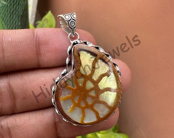 43.40 Ct Ammonite Fossil Pendant, Handmade Jewelry, Iridescent Ammonite Shell, Lab Created Unique Fossil Necklace