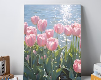 Kit de pintura por números de tulipanes rosas, pintura acrílica DIY de tulipanes