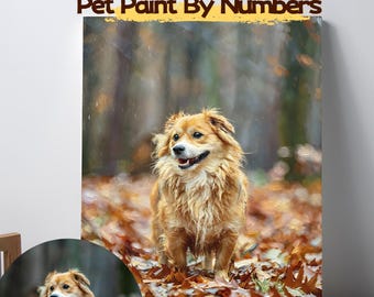 May include: A Pet Paint By Numbers kit featuring a rectangular canvas with a painting of a fluffy golden-brown dog standing in a forest covered in autumn leaves. A circular reference photo of the same dog is included on the left side.