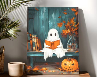 Ghost Reading Paint by Numbers Kit, Cute Ghost DIY Canvas Painting for Adults, Halloween Spooky DIY Art, Autumn Wall Decor,DIY Acrylic Paint