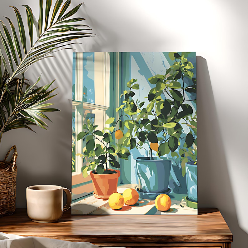 May include: A painting of a sunny indoor scene featuring potted citrus trees with green leaves and ripe oranges. The painting is set against a window with sunlight streaming through, and a wooden table with a coffee mug and basket in the foreground.