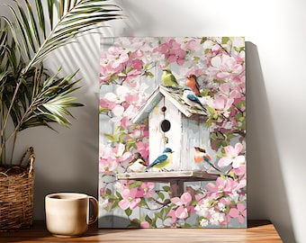 Kit de peinture par numéros de nichoir printanier : oeuvre d'art murale florale pour débutants