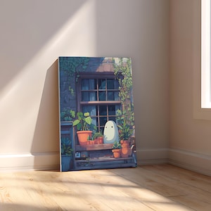 May include: A canvas print featuring a whimsical illustration of a friendly ghost character. The artwork depicts a window scene with potted plants and climbing vines. The color palette includes shades of blue, green, and orange, creating a cozy and inviting atmosphere.