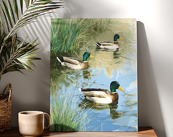 Mallard Duck Canvas Print, Wildlife Wall Art, Duck Pond Painting