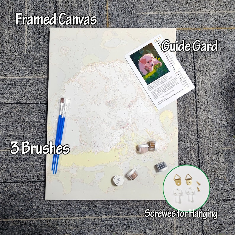 May include: A paint-by-numbers kit featuring a framed canvas with a dog outline, three blue-handled paint brushes, small paint pots, a guide card, and screws for hanging. The canvas is labeled "Framed Canvas".