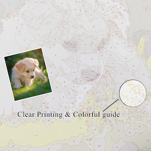 May include: A paint-by-numbers kit featuring a detailed illustration of a puppy. The kit includes a color guide and the text "Clear Printing & Colorful guide". The background is a numbered canvas.