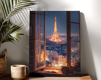 Kit de pintura por números de París en ventana: Torre Eiffel, pintura acrílica DIY sobre lienzo