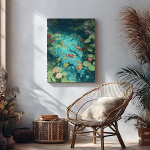 May include: A rectangular canvas print depicting a serene pond scene. The artwork features orange koi fish swimming among lily pads and lotus flowers in turquoise water. The print is displayed above a wicker chair.