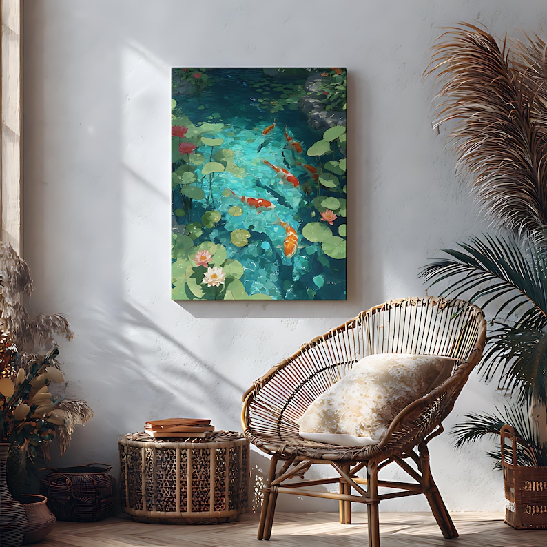 May include: A rectangular canvas print depicting a serene pond scene. The artwork features orange koi fish swimming among lily pads and lotus flowers in turquoise water. The print is displayed above a wicker chair.