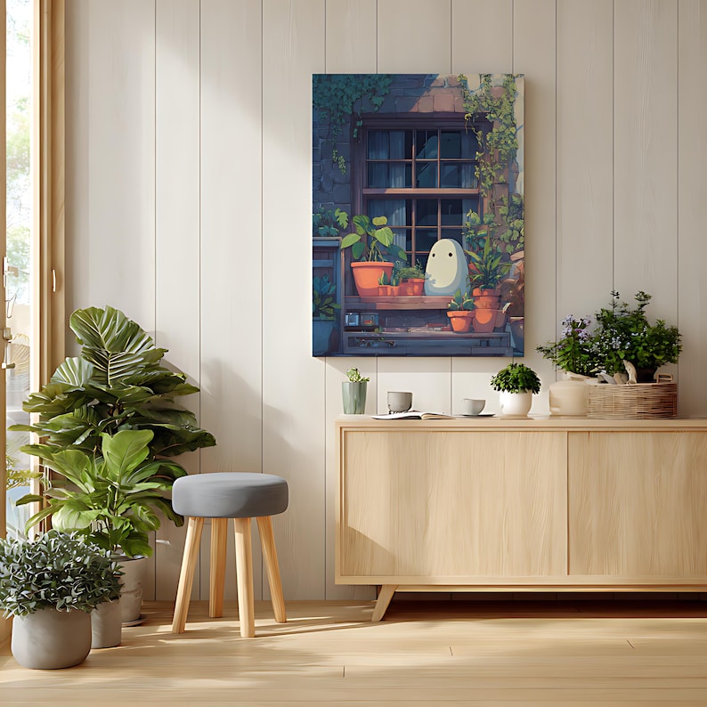 May include: A framed canvas art print depicts a whimsical scene of a window with plants and a cartoon character. The artwork features a muted color palette with shades of green, brown, and beige, creating a calming aesthetic. The print is displayed in a well-lit room.
