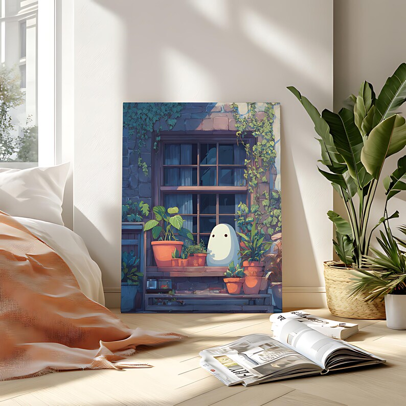 May include: A canvas print depicts a serene outdoor scene with a window, potted plants, and a whimsical white character. The artwork features a muted color palette, with a focus on the plants and the architectural details of the window.