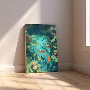May include: A canvas print depicting a serene pond scene. The artwork features koi fish swimming in turquoise water, surrounded by lily pads and blooming lotus flowers. The painting has a soft, impressionistic style.