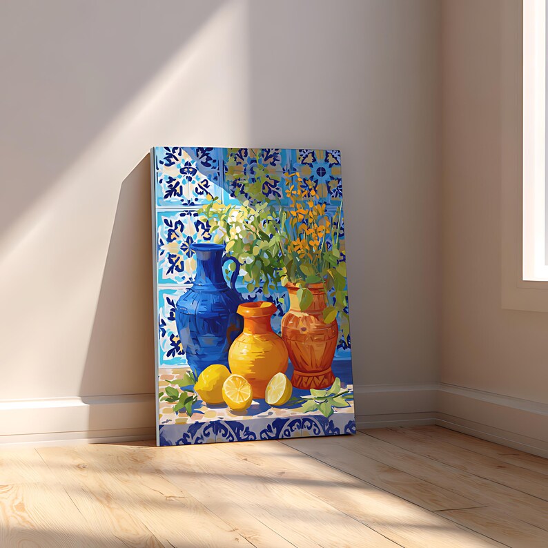 Mediterranean Still Life Art Print, Colorful Vases & Lemons Painting, Kitchen Wall Decor image 9