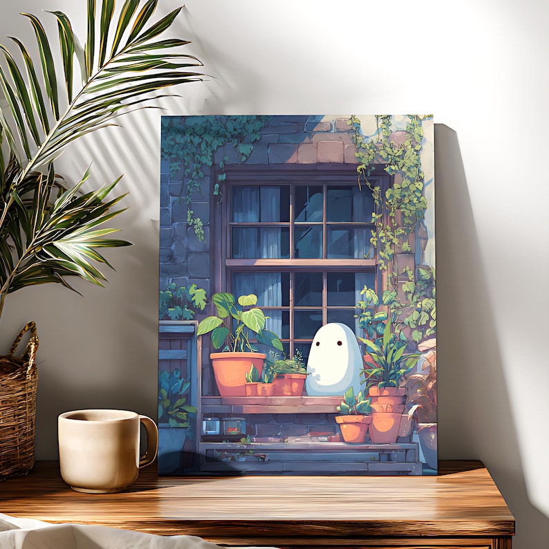May include: A canvas print depicting a whimsical scene of a window with potted plants and a friendly ghost-like figure. The artwork features a brick wall, a wooden window frame, and lush greenery, creating a cozy, inviting atmosphere. The color palette includes warm earth tones and cool blues.