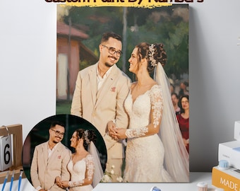 May include: A custom paint by numbers kit featuring a canvas with a printed wedding portrait of a couple. The image shows a person in a beige suit and a person in a white lace wedding dress with a veil. Includes small paint pots and brushes.