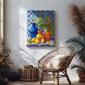 Mediterranean Still Life Art Print, Colorful Vases & Lemons Painting, Kitchen Wall Decor image 10
