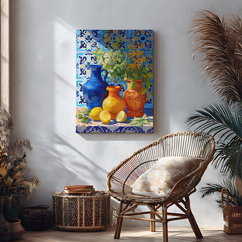 Mediterranean Still Life Art Print, Colorful Vases & Lemons Painting, Kitchen Wall Decor image 10