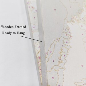 Puede incluir: Primer plano de una obra de arte en lienzo con marco de madera, lista para colgar. El lienzo presenta un dise&ntilde;o numerado con varios colores y formas. El texto en el marco dice "Wooden Framed Ready to Hang."