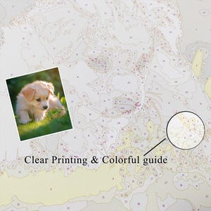 May include: A paint-by-numbers kit featuring a detailed illustration of a puppy. The kit includes a color guide and the text "Clear Printing & Colorful guide". The background is a numbered canvas.