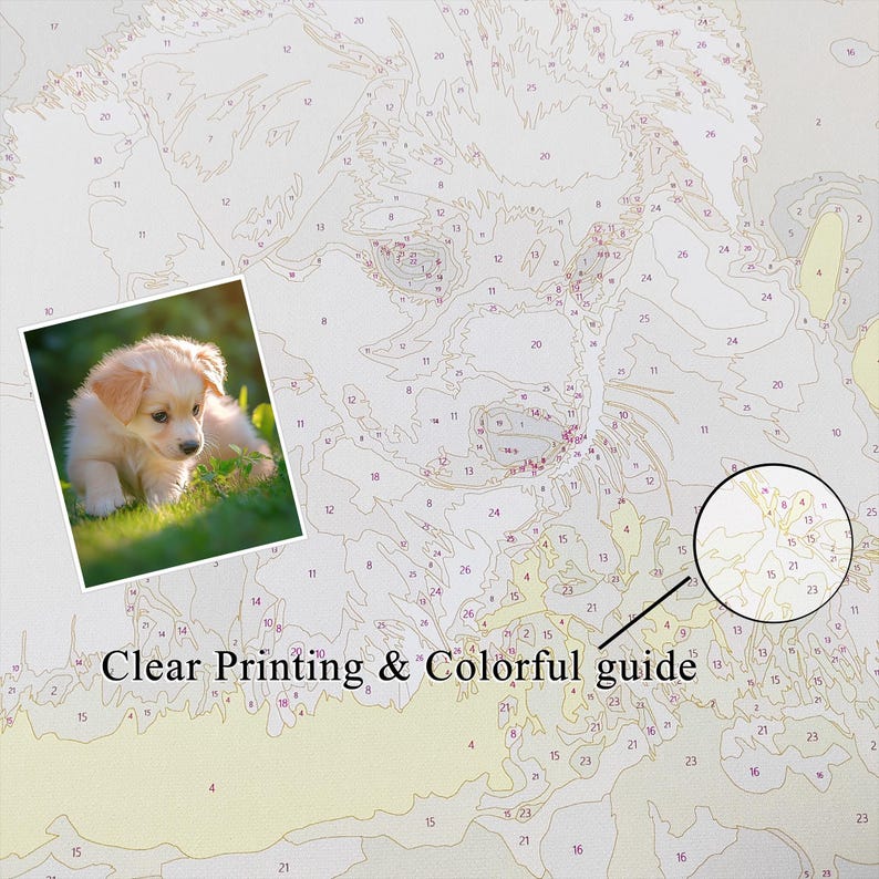 May include: A paint-by-numbers kit featuring a detailed illustration of a puppy. The kit includes a color guide and the text "Clear Printing & Colorful guide". The background is a numbered canvas.