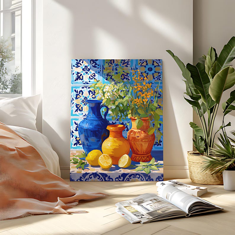 Mediterranean Still Life Art Print, Colorful Vases & Lemons Painting, Kitchen Wall Decor image 2