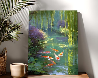 Willow Trees Koi Pond Paint by Numbers, Beginner DIY Acrylic Painting Kit on Canvas