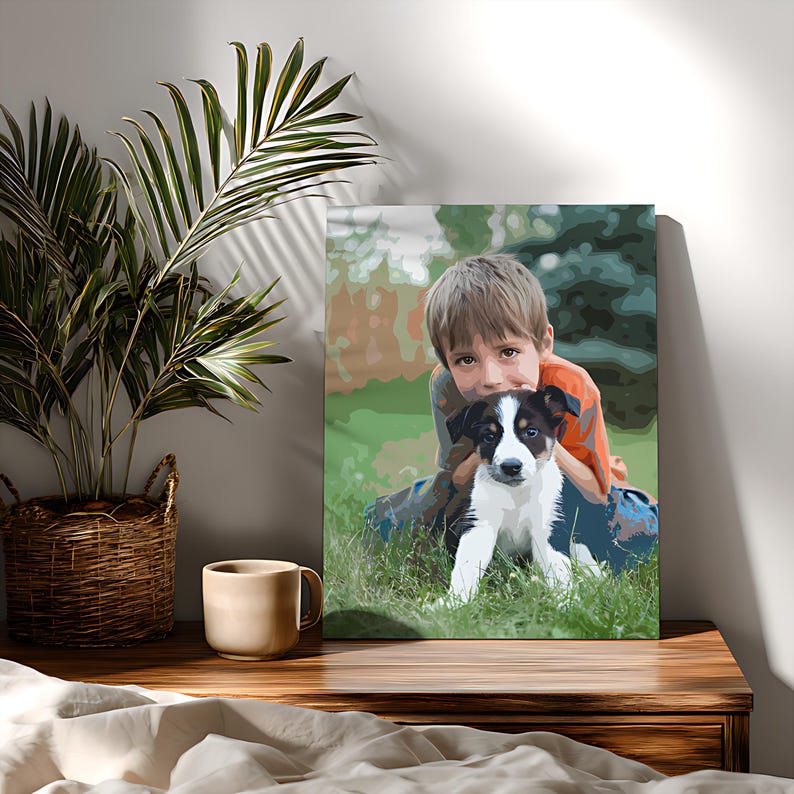 May include: A rectangular canvas print featuring a stylized illustration of a child with brown hair wearing an orange shirt, embracing a black and white puppy in a grassy outdoor setting with green foliage in the background.